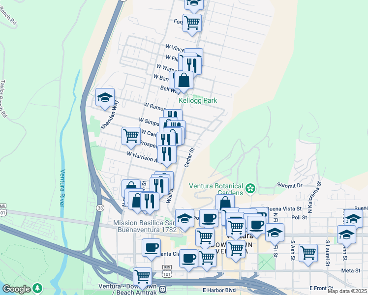 map of restaurants, bars, coffee shops, grocery stores, and more near 68 East Center Street in Ventura