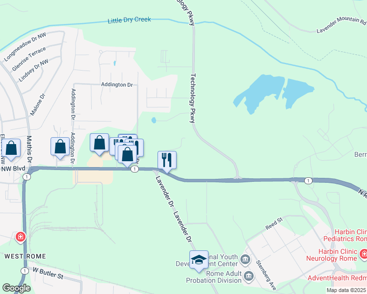 map of restaurants, bars, coffee shops, grocery stores, and more near 100 Asbury Drive in Rome
