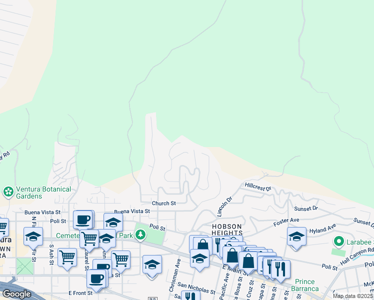 map of restaurants, bars, coffee shops, grocery stores, and more near 489 Mariposa Drive in Ventura