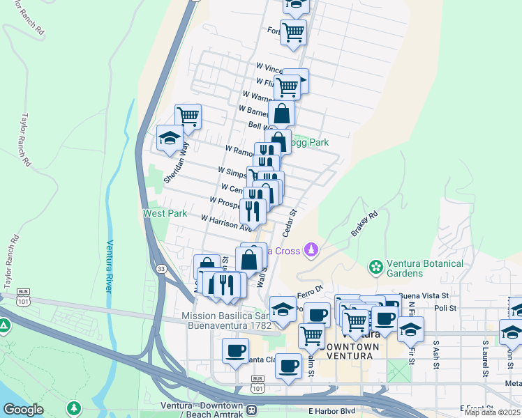 map of restaurants, bars, coffee shops, grocery stores, and more near 459 North Ventura Avenue in Ventura