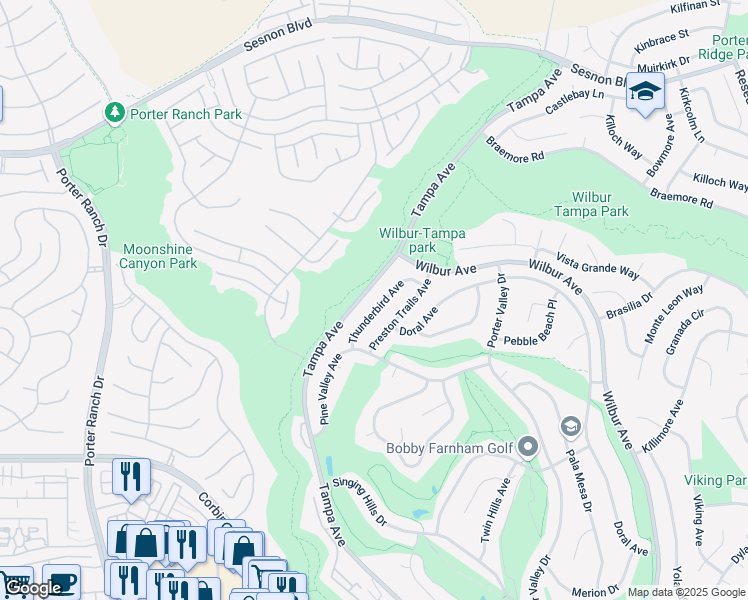 map of restaurants, bars, coffee shops, grocery stores, and more near 11801 Thunderbird Avenue in Los Angeles