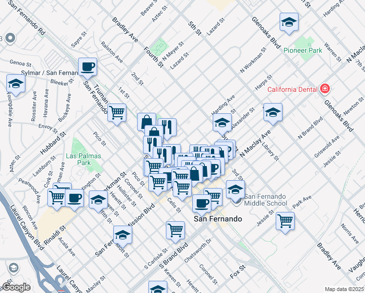 map of restaurants, bars, coffee shops, grocery stores, and more near 127 Harps Street in San Fernando