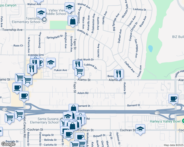map of restaurants, bars, coffee shops, grocery stores, and more near 4581 Alamo Street in Simi Valley