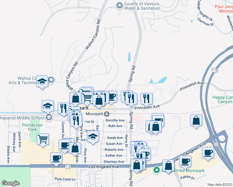 map of restaurants, bars, coffee shops, grocery stores, and more near 390 Bonnie View Road in Moorpark