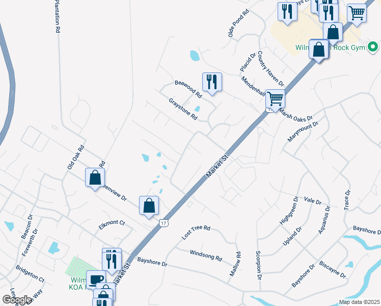 map of restaurants, bars, coffee shops, grocery stores, and more near 7798 Alexander Road in Wilmington