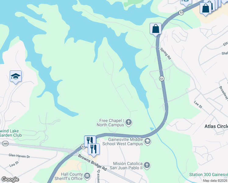 map of restaurants, bars, coffee shops, grocery stores, and more near 2671 Waters Edge Drive in Gainesville