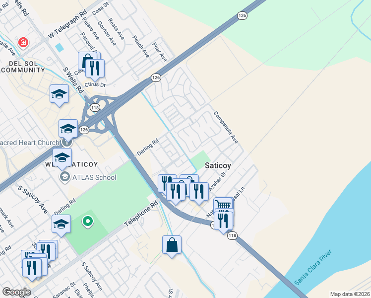 map of restaurants, bars, coffee shops, grocery stores, and more near 21 Poinsettia Gardens Drive in Ventura