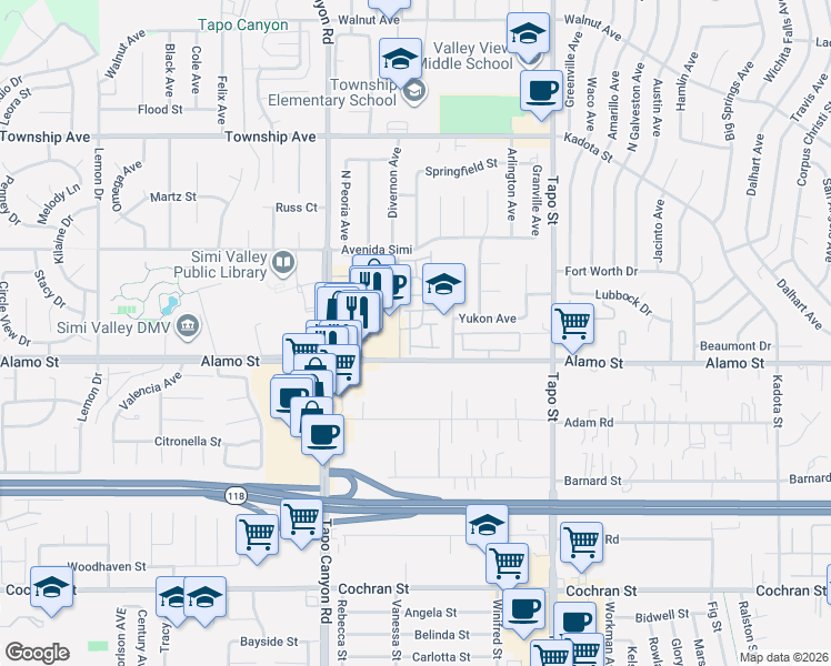 map of restaurants, bars, coffee shops, grocery stores, and more near 2916 Esperanza Way in Simi Valley