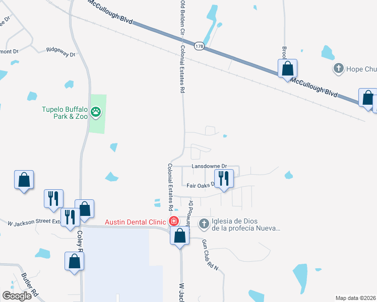 map of restaurants, bars, coffee shops, grocery stores, and more near 2027 Springfield Drive in Tupelo