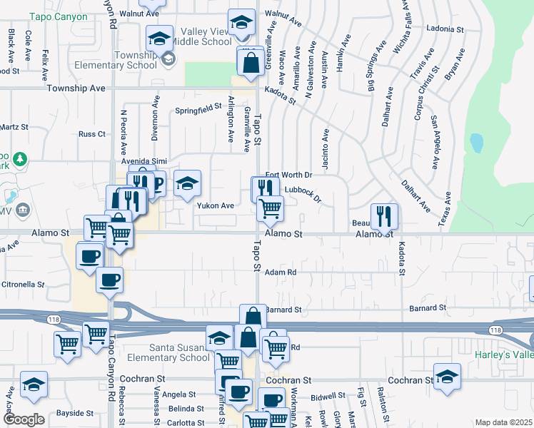 map of restaurants, bars, coffee shops, grocery stores, and more near 4419 Alamo Street in Simi Valley