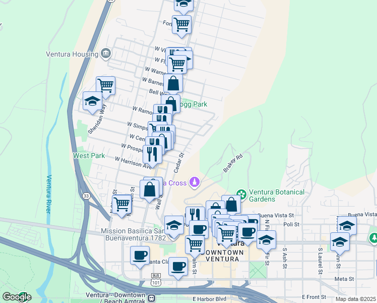 map of restaurants, bars, coffee shops, grocery stores, and more near 530 Cedar Street in Ventura