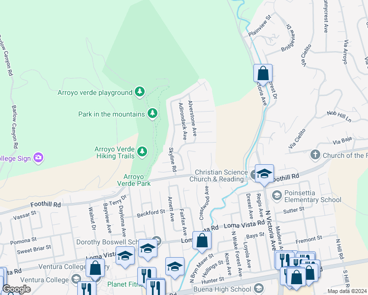 map of restaurants, bars, coffee shops, grocery stores, and more near 5438 Rainier Street in Ventura