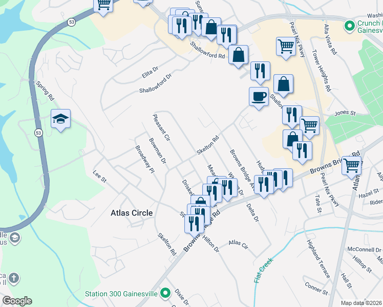 map of restaurants, bars, coffee shops, grocery stores, and more near 1905 Pleasant Circle in Gainesville