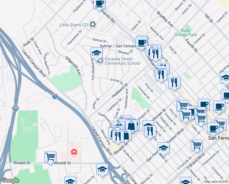 map of restaurants, bars, coffee shops, grocery stores, and more near 14807 Hubbard Street in Los Angeles