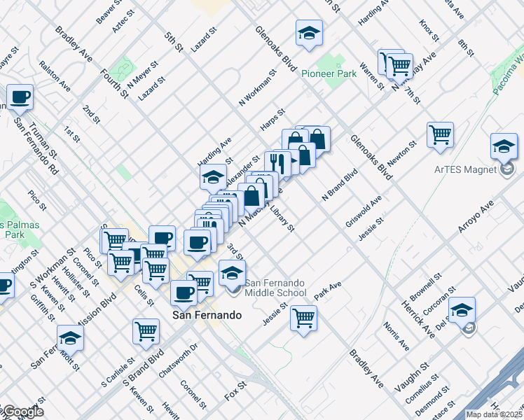 map of restaurants, bars, coffee shops, grocery stores, and more near 444 North Maclay Avenue in San Fernando