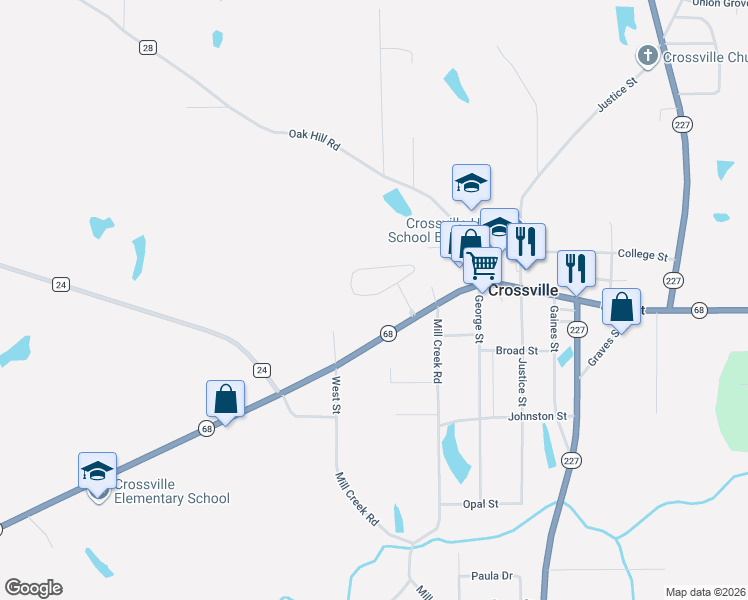 map of restaurants, bars, coffee shops, grocery stores, and more near 15004 Alabama 68 in Crossville