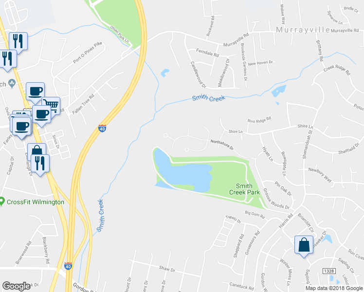 map of restaurants, bars, coffee shops, grocery stores, and more near 2505 Bridgewater Cove in Wilmington