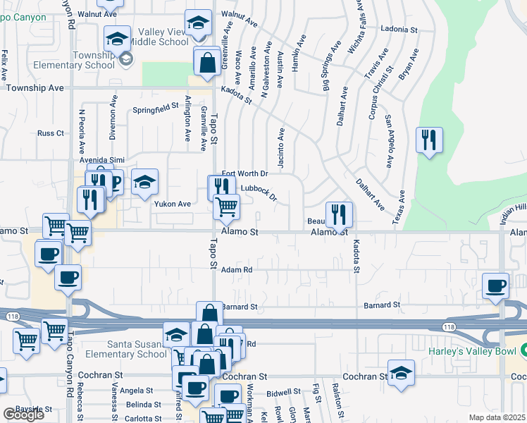 map of restaurants, bars, coffee shops, grocery stores, and more near 4549 Alamo Street in Simi Valley