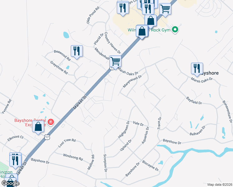 map of restaurants, bars, coffee shops, grocery stores, and more near 7705 Marymount Drive in Wilmington