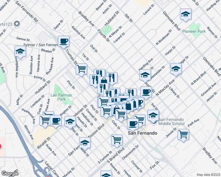 map of restaurants, bars, coffee shops, grocery stores, and more near 1416 1st Street in San Fernando