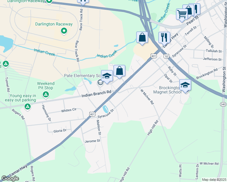map of restaurants, bars, coffee shops, grocery stores, and more near 1010 Indian Branch Road in Darlington