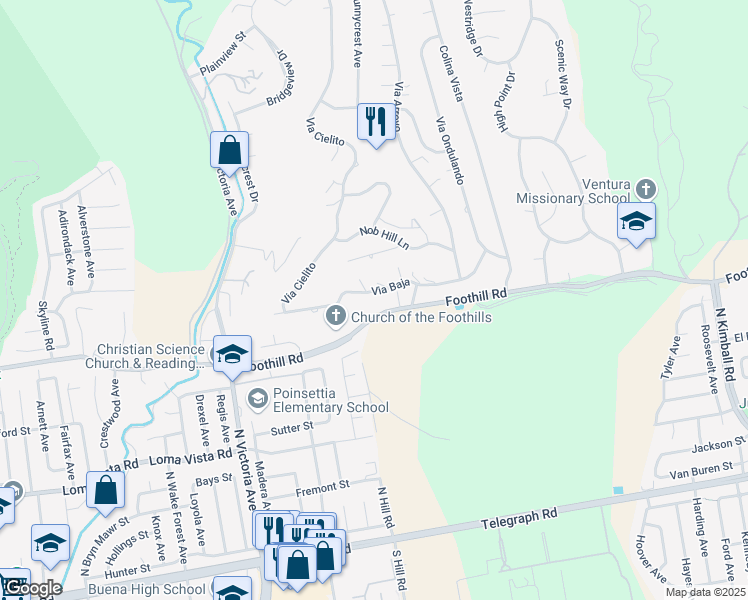 map of restaurants, bars, coffee shops, grocery stores, and more near 160 Via Baja in Ventura