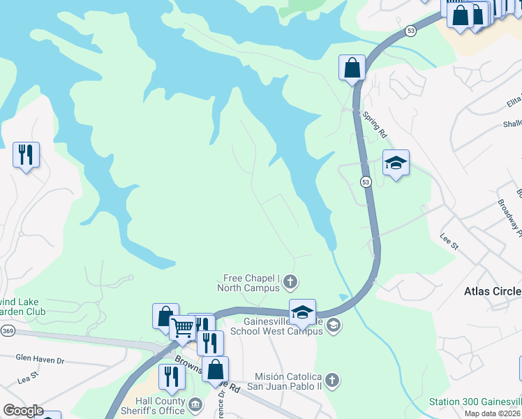 map of restaurants, bars, coffee shops, grocery stores, and more near 2671 Waters Edge Dr in Gainesville