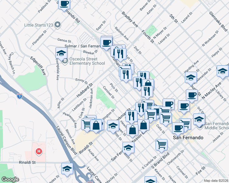 map of restaurants, bars, coffee shops, grocery stores, and more near 1540 Pico Street in San Fernando