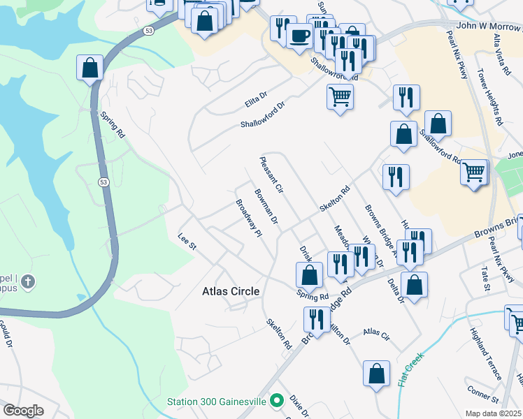 map of restaurants, bars, coffee shops, grocery stores, and more near 2168 Broadway Place in Gainesville