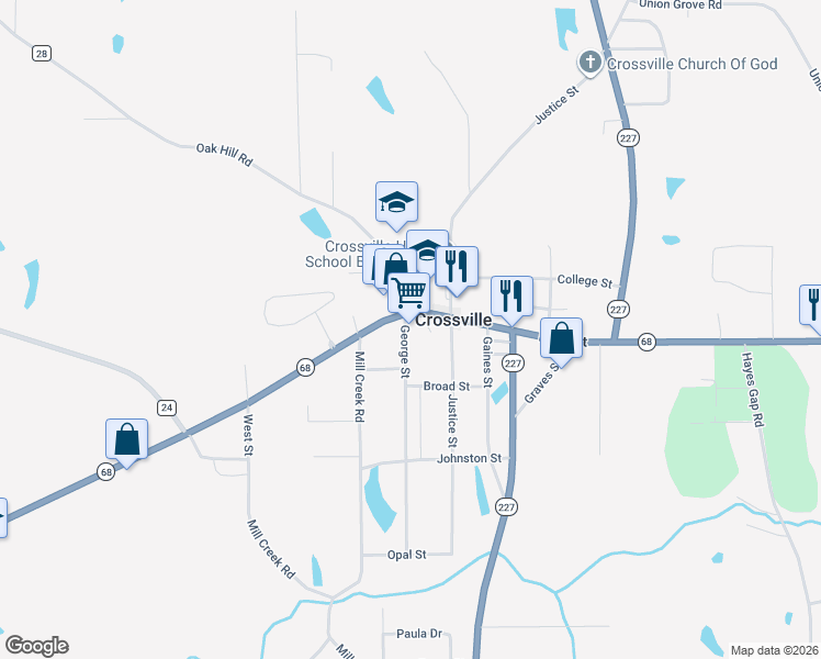 map of restaurants, bars, coffee shops, grocery stores, and more near 14697 Alabama 68 in Crossville