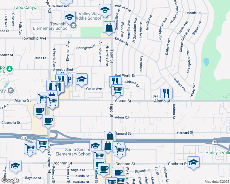 map of restaurants, bars, coffee shops, grocery stores, and more near 4419 Alamo Street in Simi Valley
