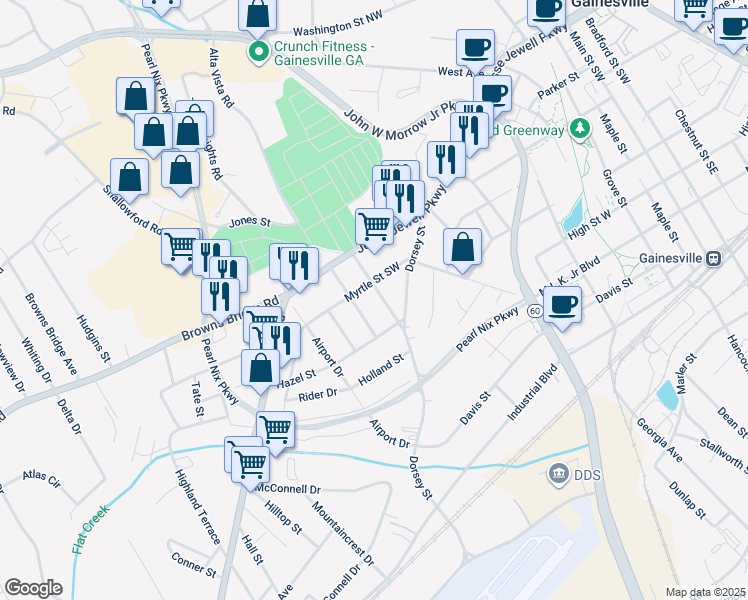map of restaurants, bars, coffee shops, grocery stores, and more near 683 Auburn Avenue in Gainesville