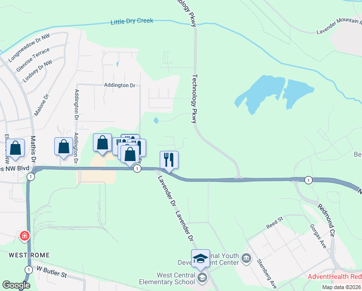 map of restaurants, bars, coffee shops, grocery stores, and more near 100 Asbury Drive in Rome