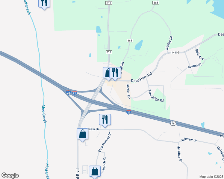 map of restaurants, bars, coffee shops, grocery stores, and more near Stone Creek Boulevard in Tupelo