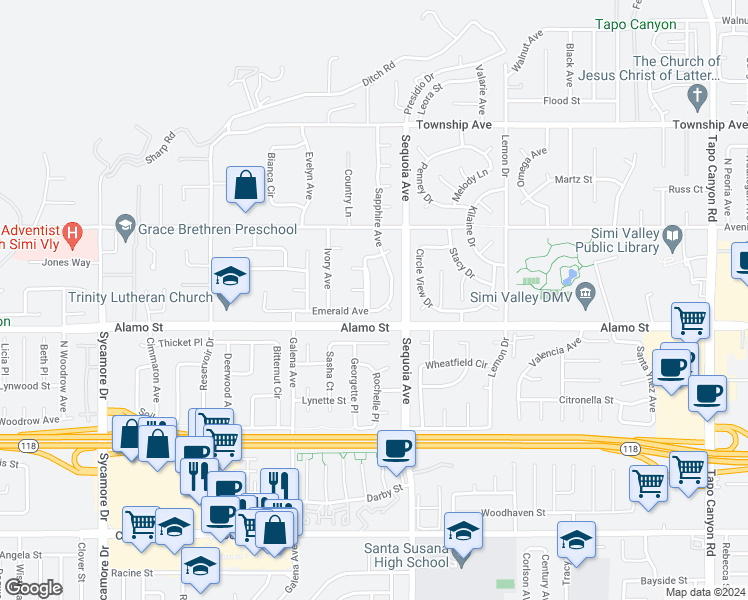 map of restaurants, bars, coffee shops, grocery stores, and more near 2842 Topaz Avenue in Simi Valley