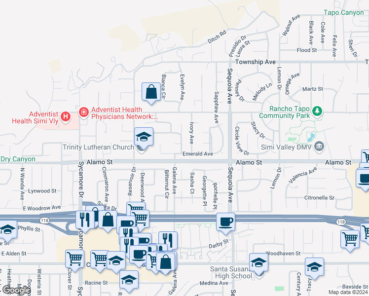 map of restaurants, bars, coffee shops, grocery stores, and more near 2848 Jadestone Avenue in Simi Valley