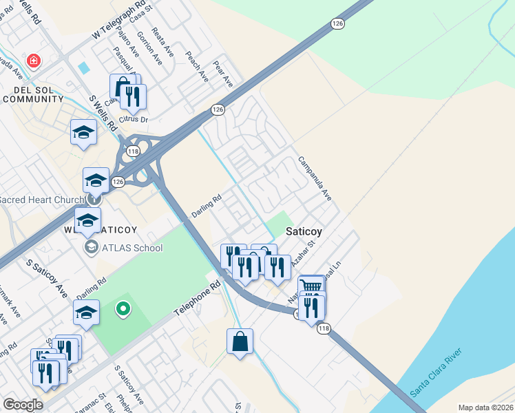 map of restaurants, bars, coffee shops, grocery stores, and more near 20 Poinsettia Gardens Drive in Ventura