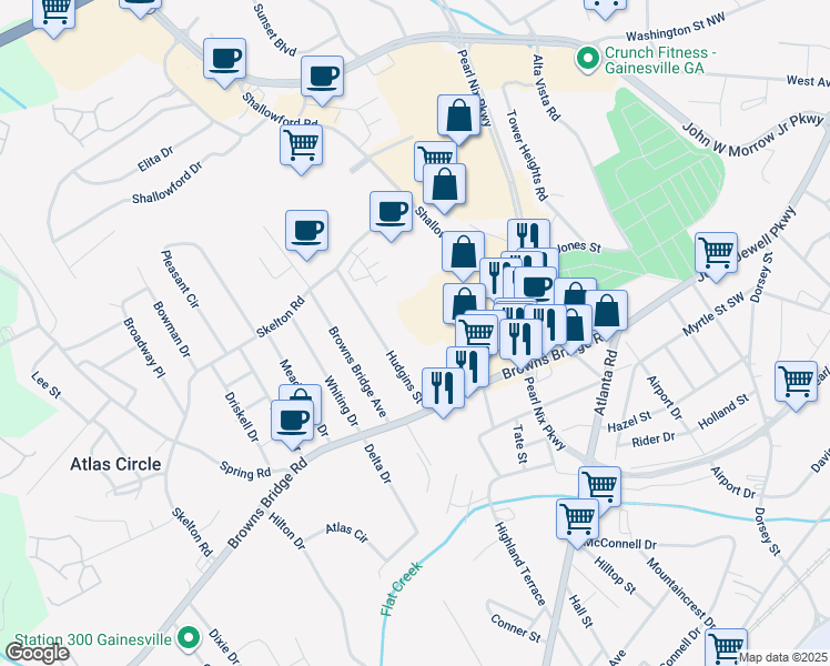 map of restaurants, bars, coffee shops, grocery stores, and more near 1408 Hudgins Street in Gainesville