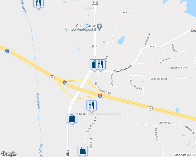 map of restaurants, bars, coffee shops, grocery stores, and more near Stone Creek Boulevard in Tupelo
