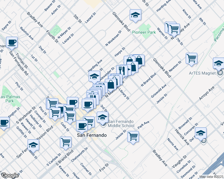 map of restaurants, bars, coffee shops, grocery stores, and more near 444 North Maclay Avenue in San Fernando