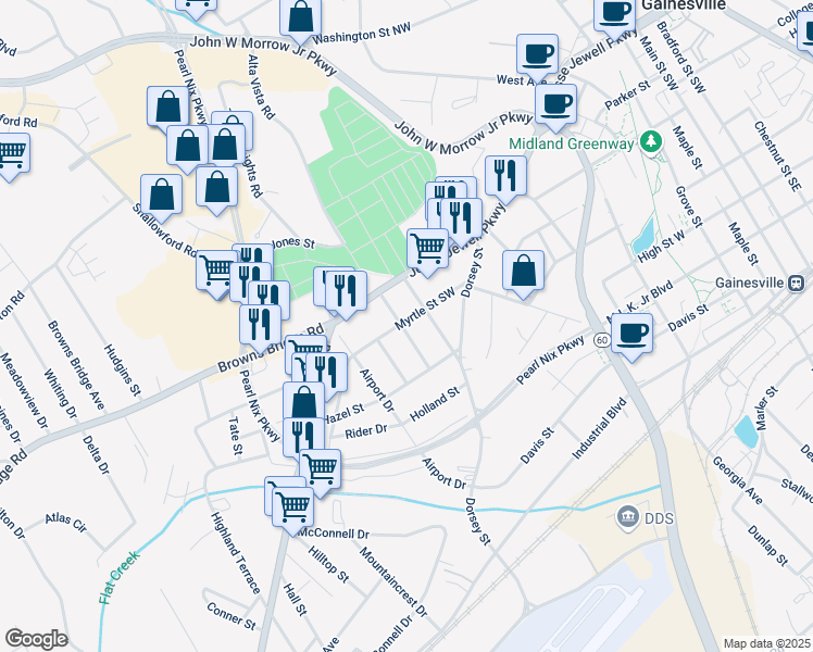 map of restaurants, bars, coffee shops, grocery stores, and more near 640 Central Avenue in Gainesville