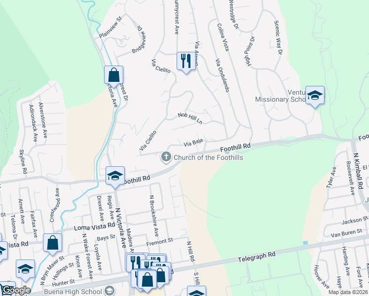 map of restaurants, bars, coffee shops, grocery stores, and more near 160 Via Baja in Ventura