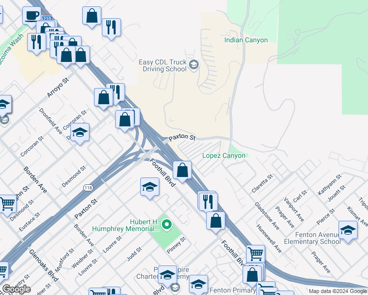 map of restaurants, bars, coffee shops, grocery stores, and more near 12401 Filmore Street in Los Angeles County