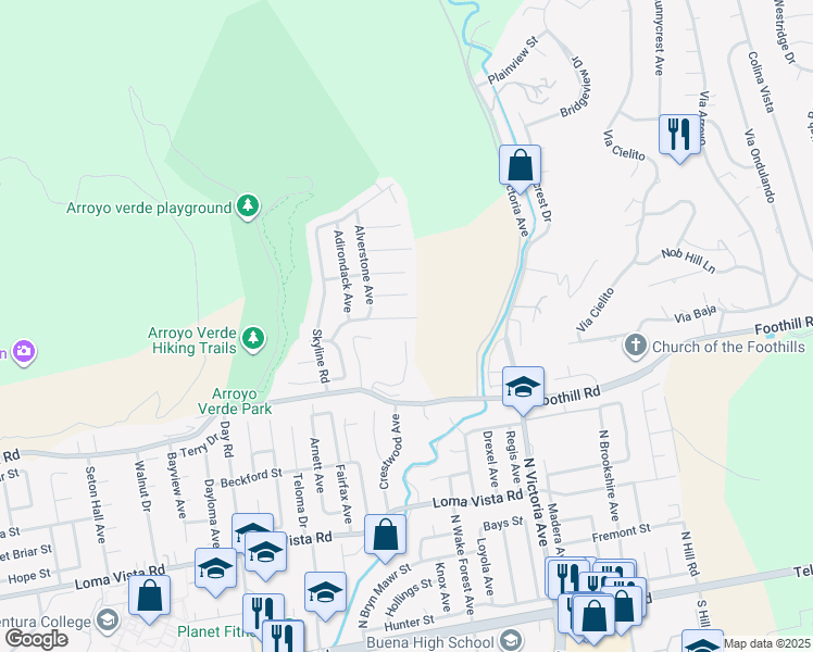 map of restaurants, bars, coffee shops, grocery stores, and more near 5572 Rainier Street in Ventura