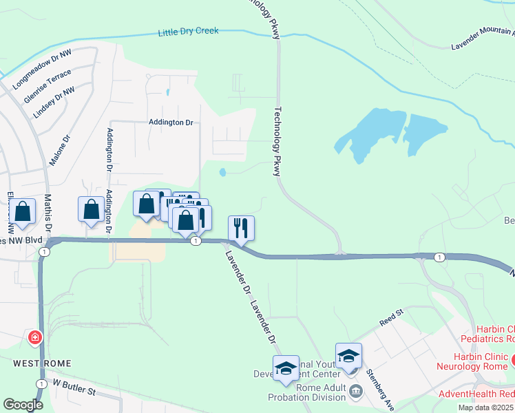 map of restaurants, bars, coffee shops, grocery stores, and more near 101 Asbury Drive in Rome