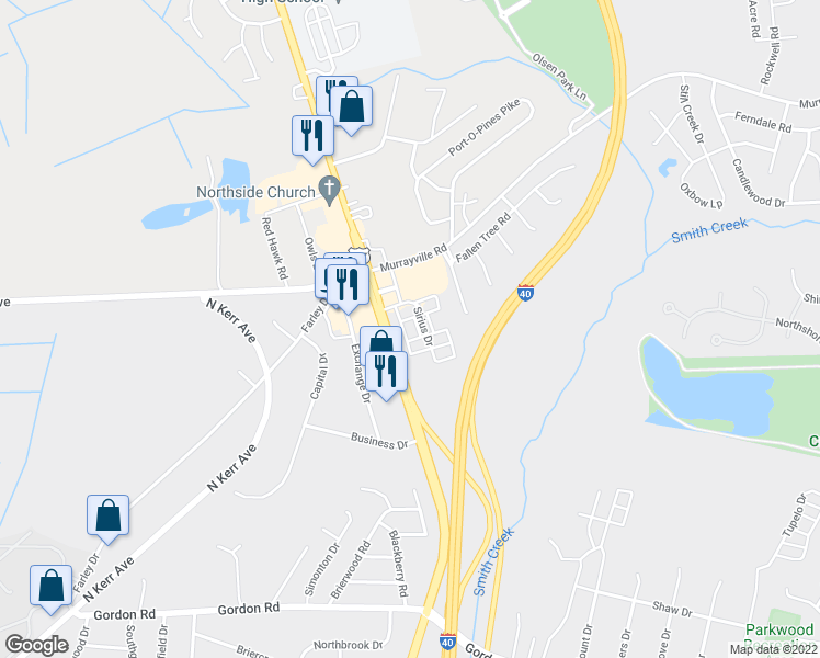 map of restaurants, bars, coffee shops, grocery stores, and more near 5412 Sirius Drive in Wilmington