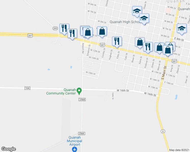 map of restaurants, bars, coffee shops, grocery stores, and more near 1003 West 15th Street in Quanah