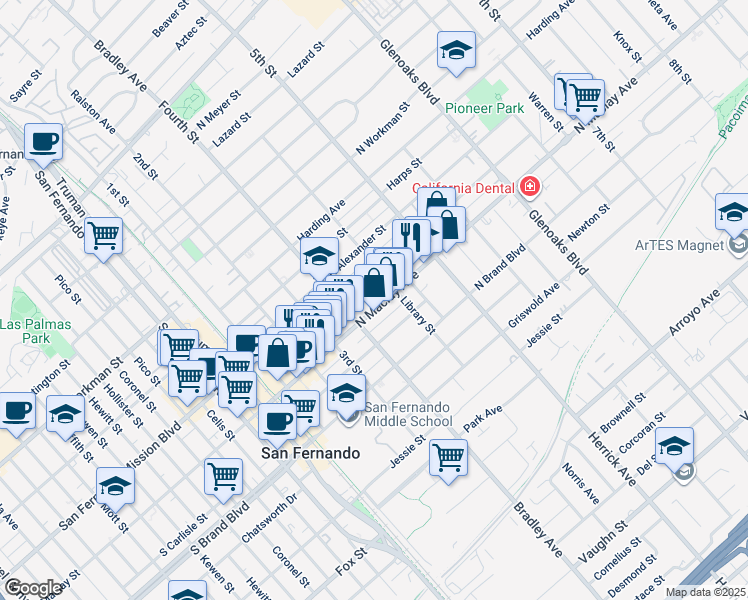 map of restaurants, bars, coffee shops, grocery stores, and more near 433 North Maclay Avenue in San Fernando