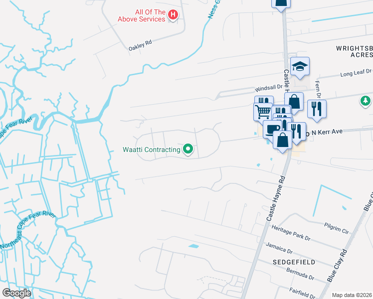 map of restaurants, bars, coffee shops, grocery stores, and more near 2545 Castle Hayne Road in Wilmington