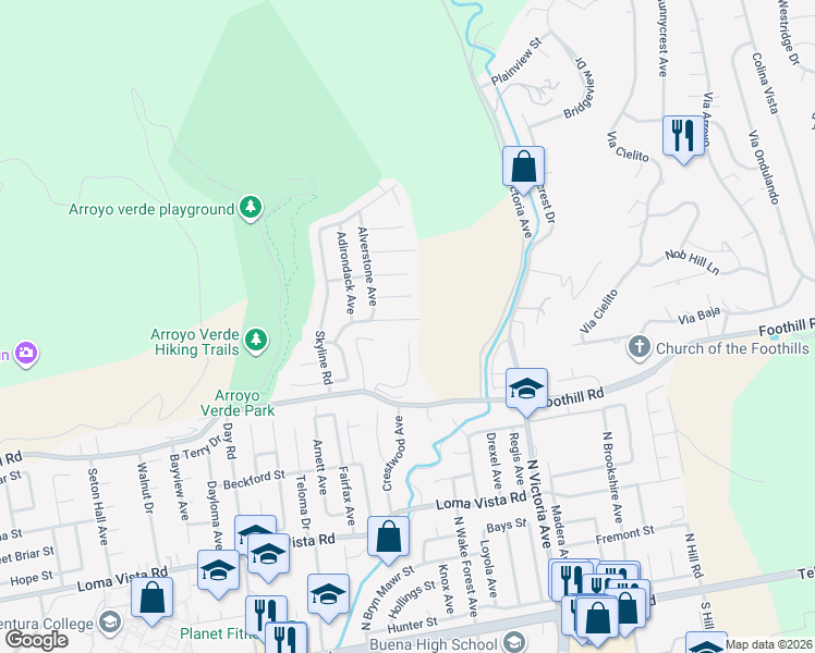 map of restaurants, bars, coffee shops, grocery stores, and more near 5572 Rainier Street in Ventura